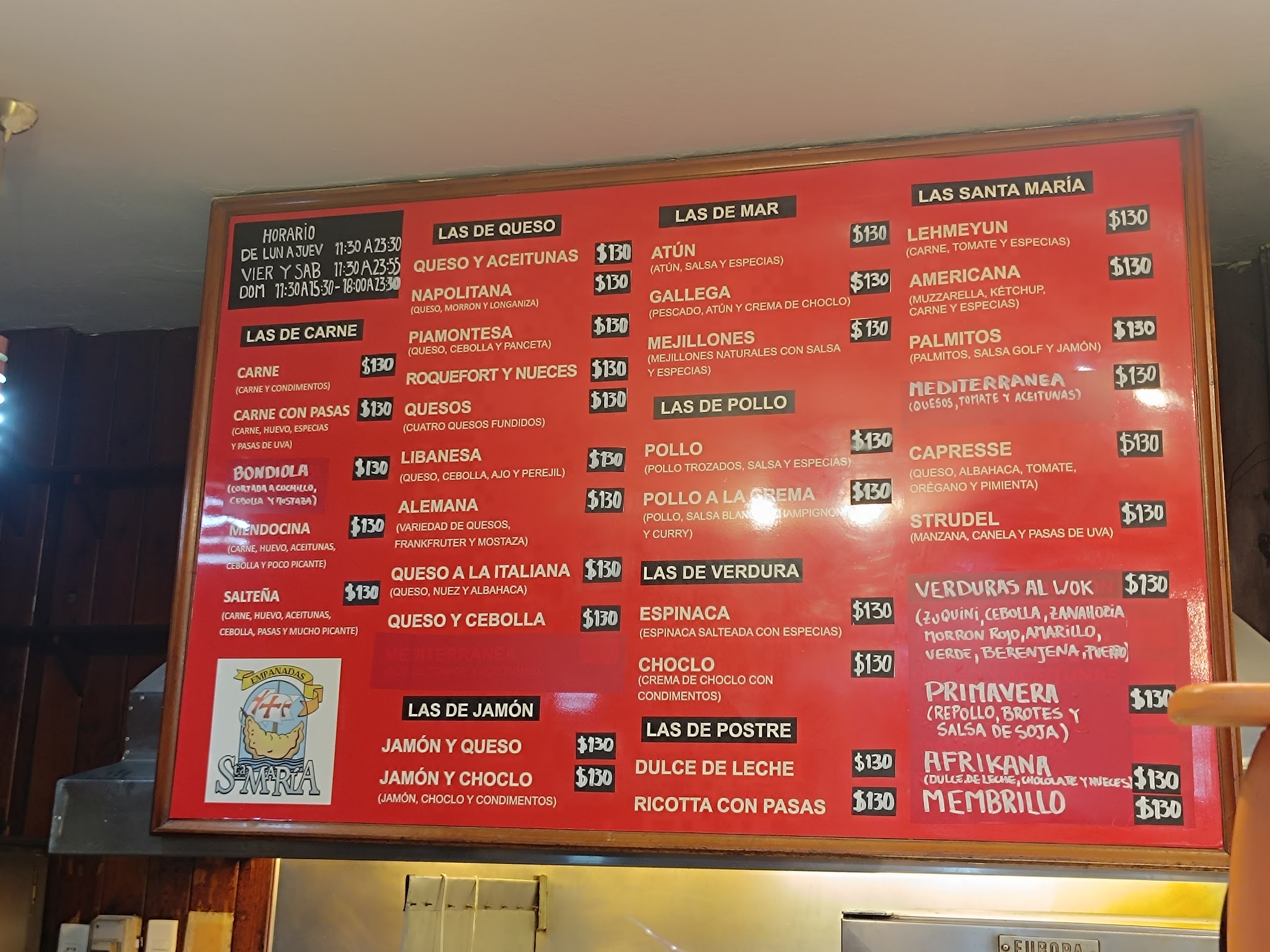 Carta de Empanadas Santa Maria -, foto de abril de 2026