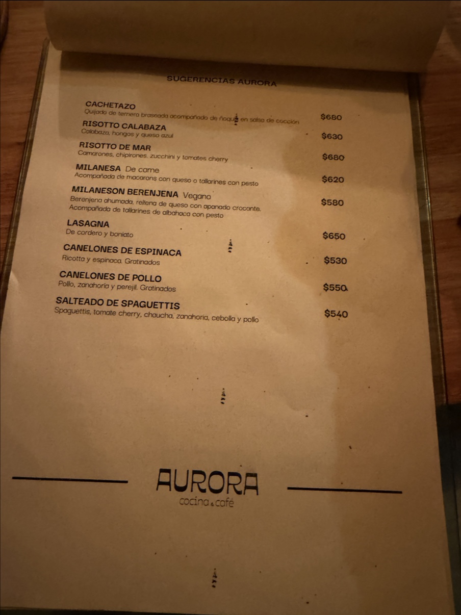 Carta de Aurora Cocina & Café, foto de agosto de 2026