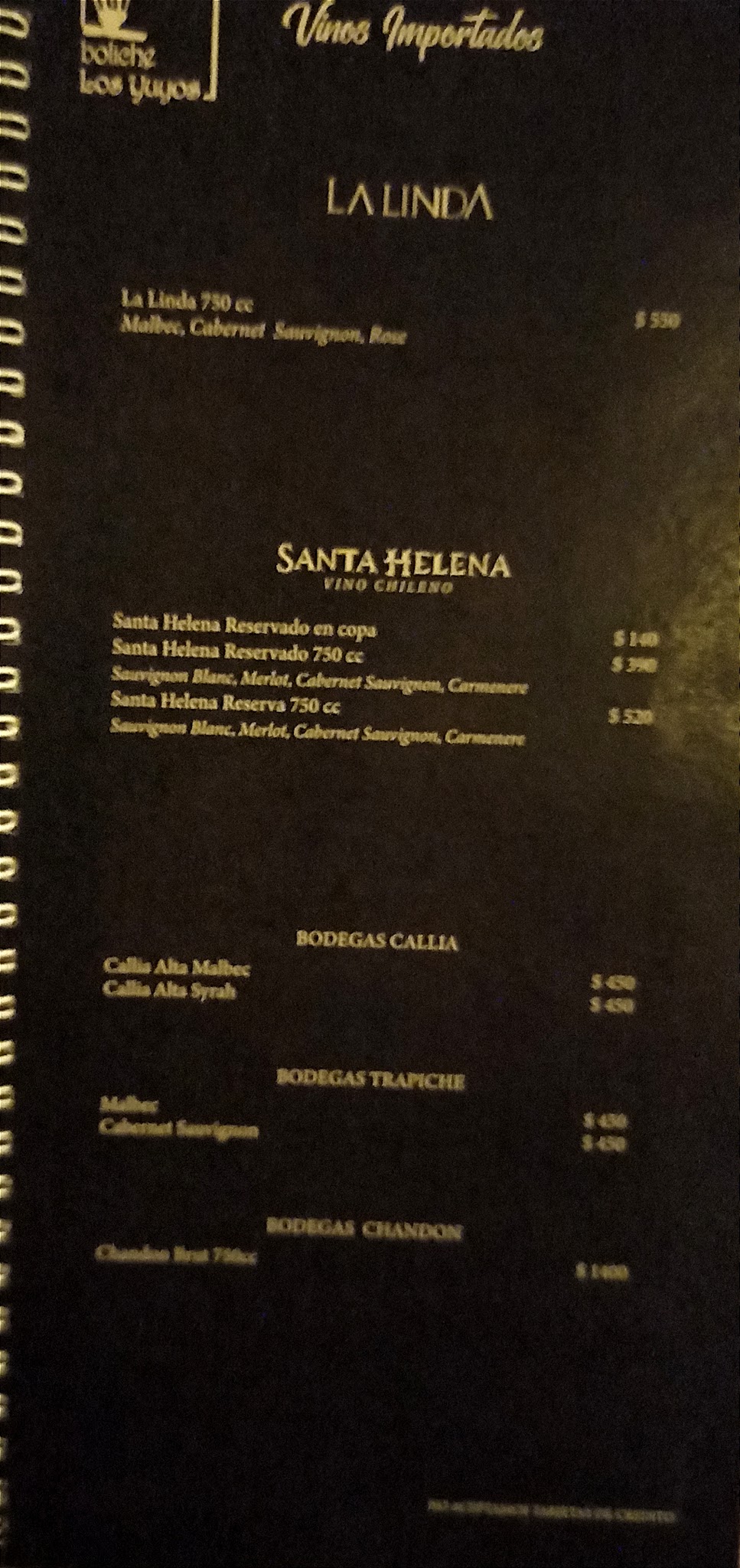 Carta de Restaurante Los Yuyos, foto de julio de 2026