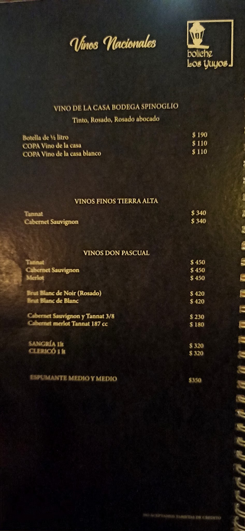 Carta de Restaurante Los Yuyos, foto de julio de 2026