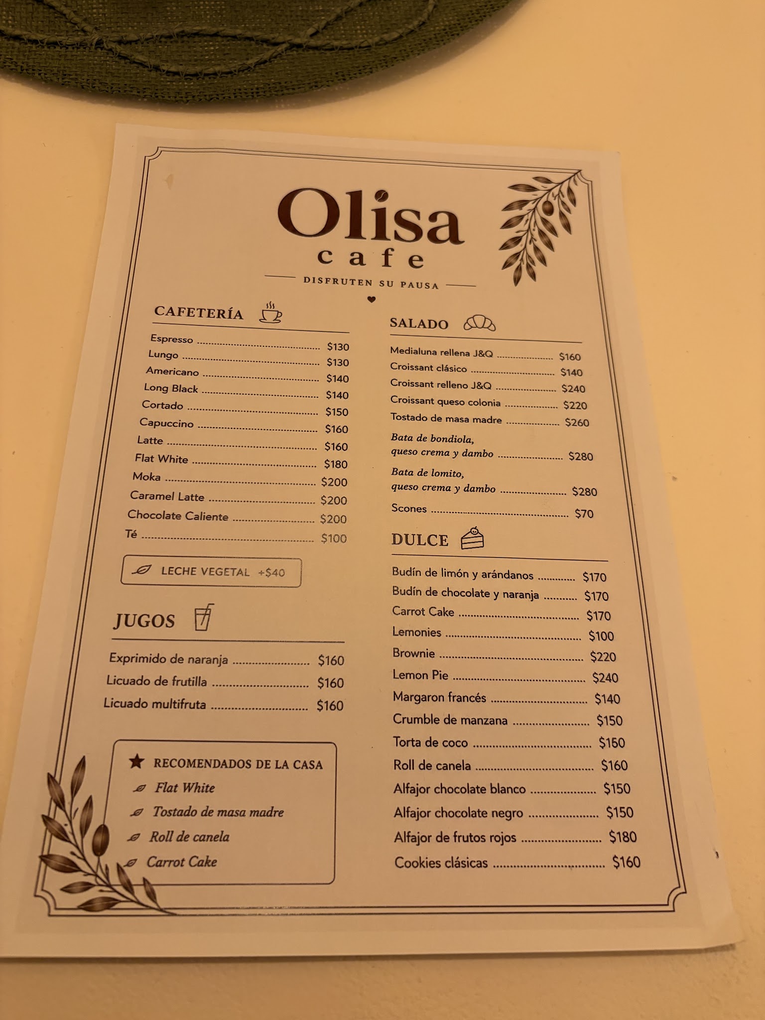 Carta de Olisa Café, foto de setiembre de 2026