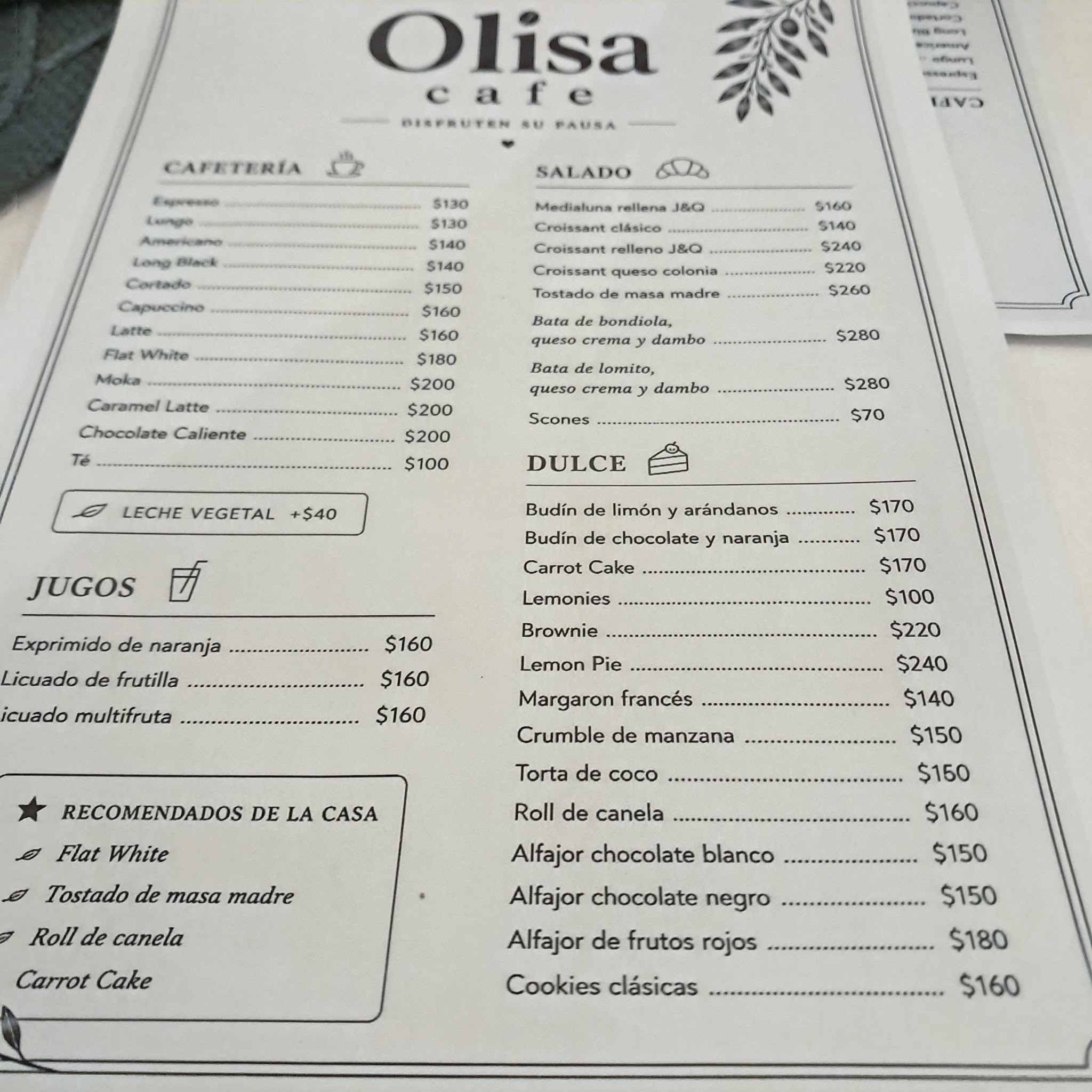 Carta de Olisa Café, foto de agosto de 2026