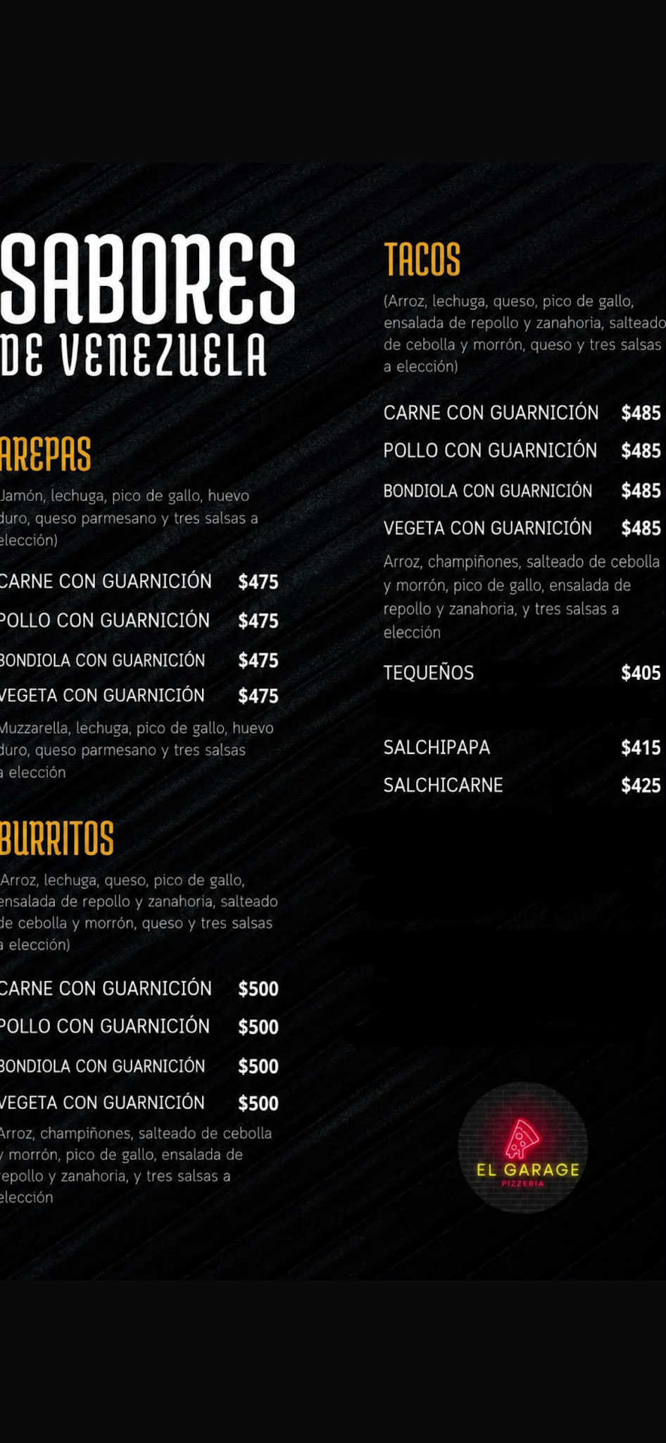 Carta de Pizzeria El Garage, foto de agosto de 2026
