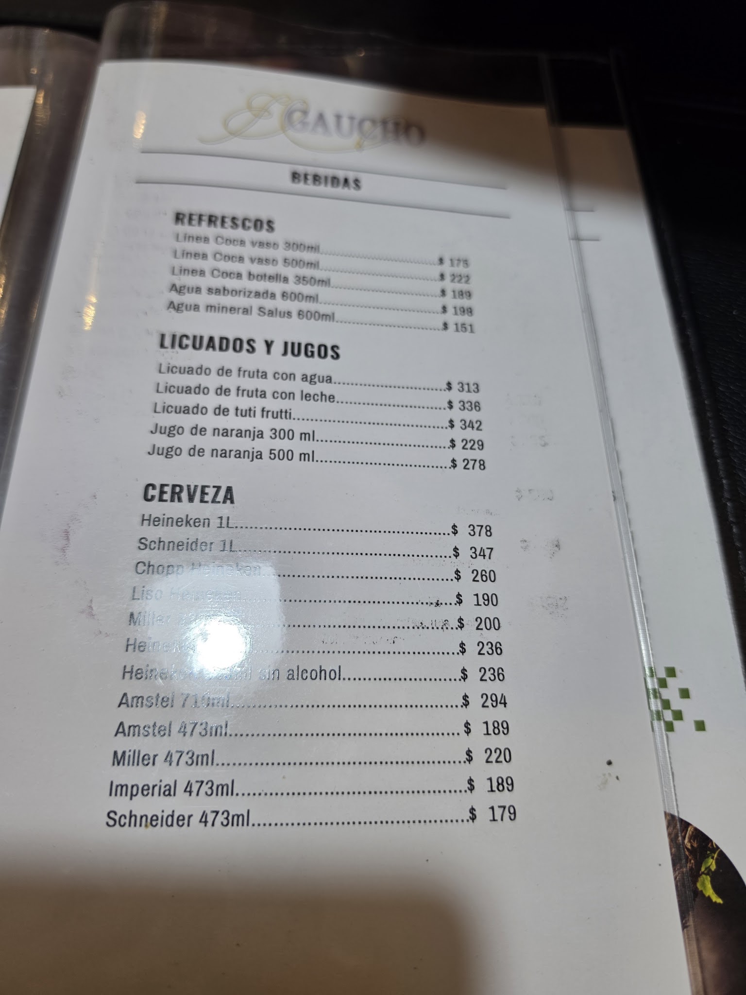 Carta de Bar El Gaucho, foto de setiembre de 2026
