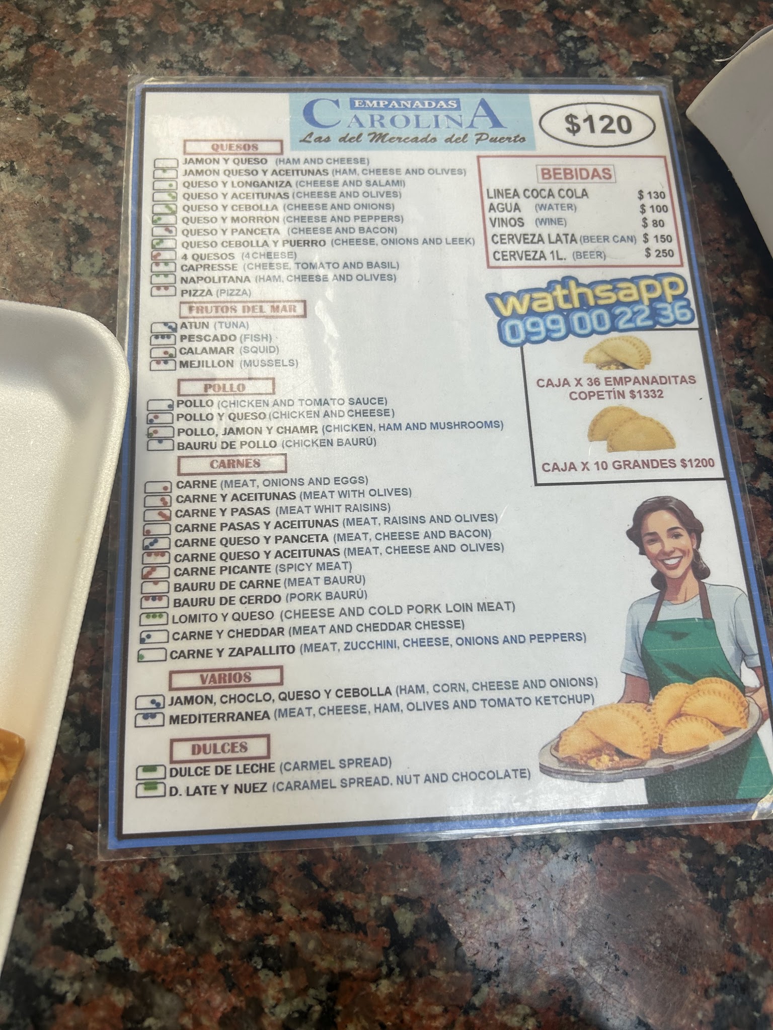 Carta de Empanadas Carolina, foto de julio de 2026