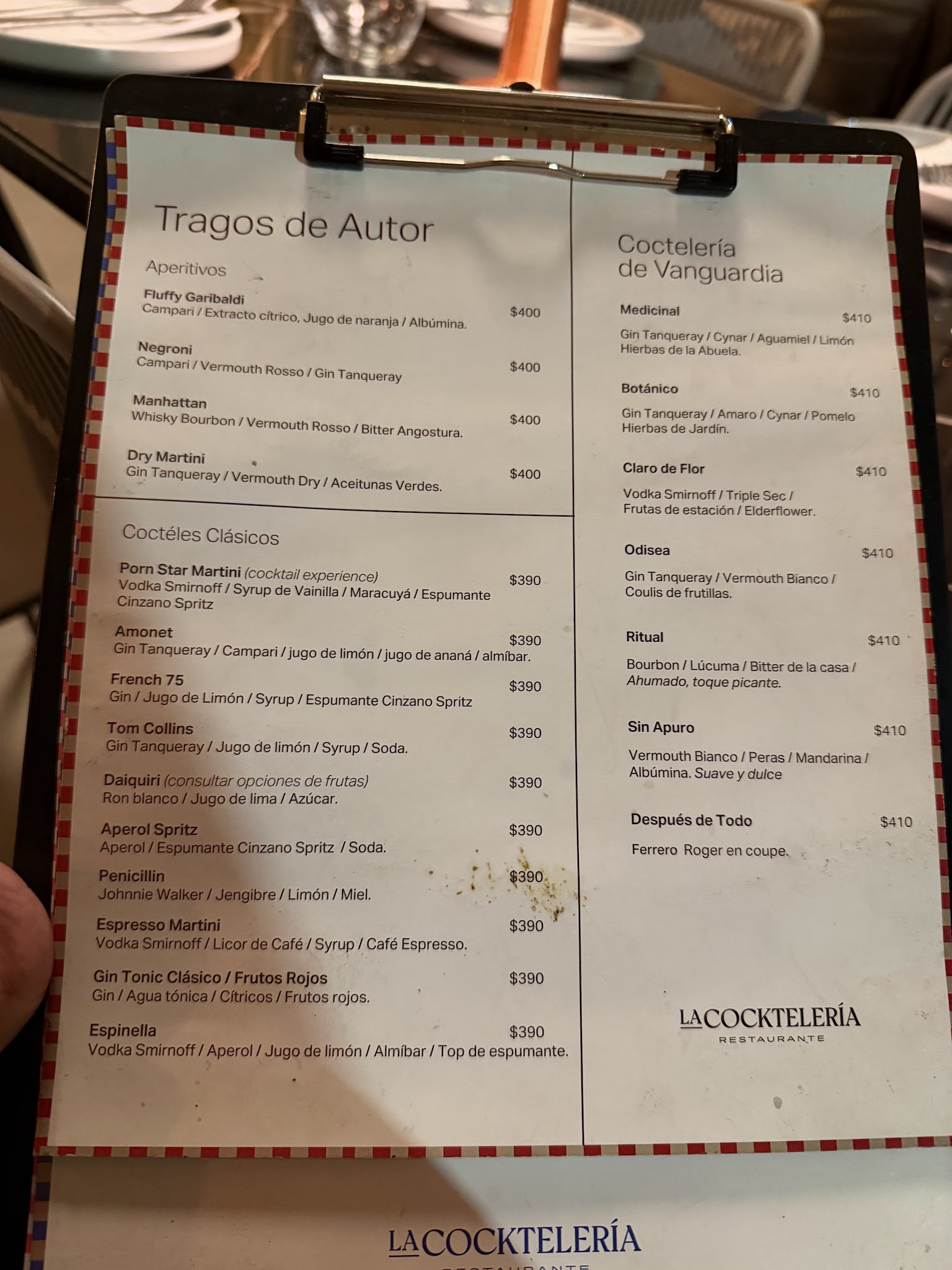 Carta de La Cocktelería, foto de junio de 2026