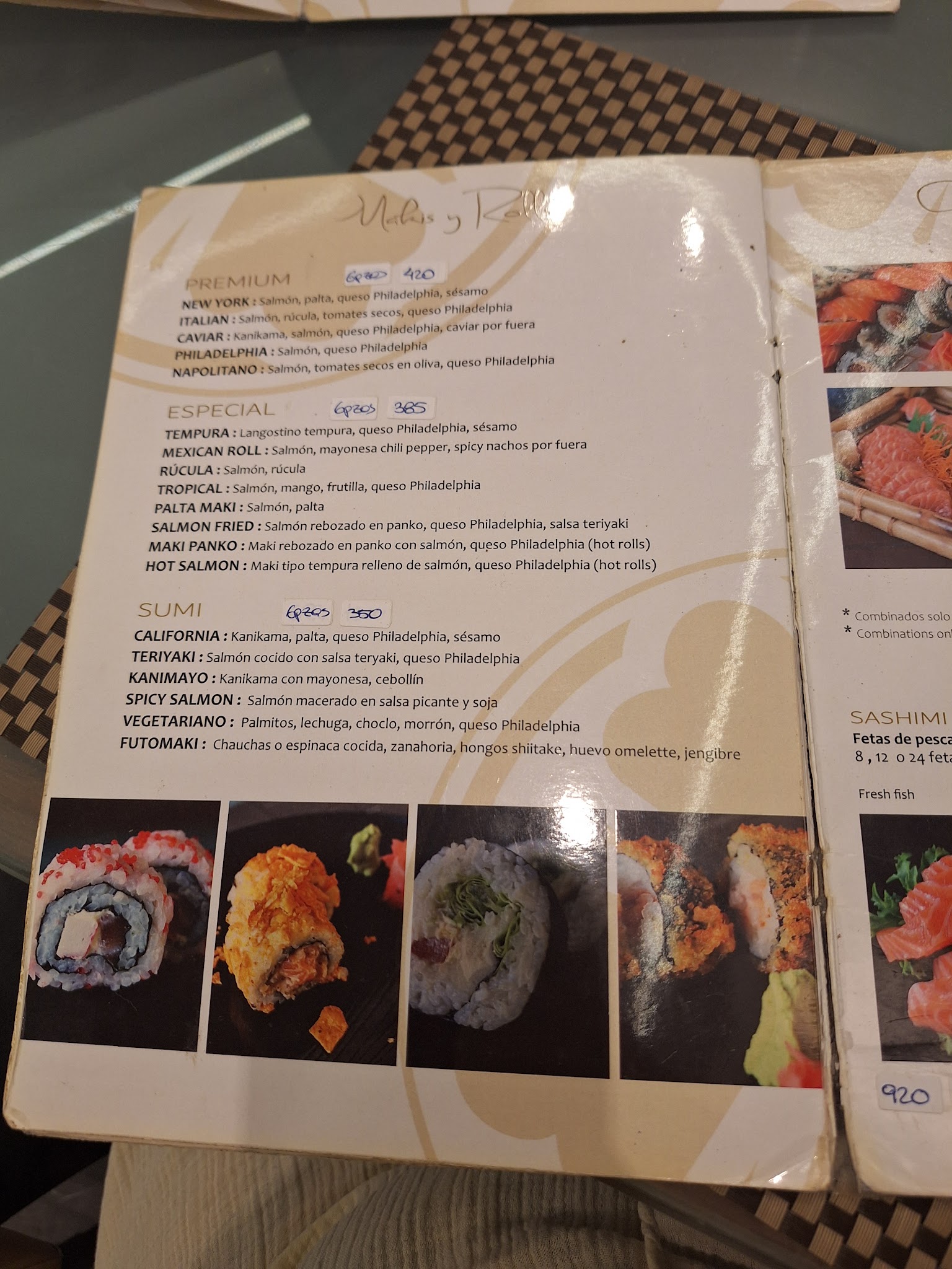 Carta de Sumi Sushi, foto de julio de 2026