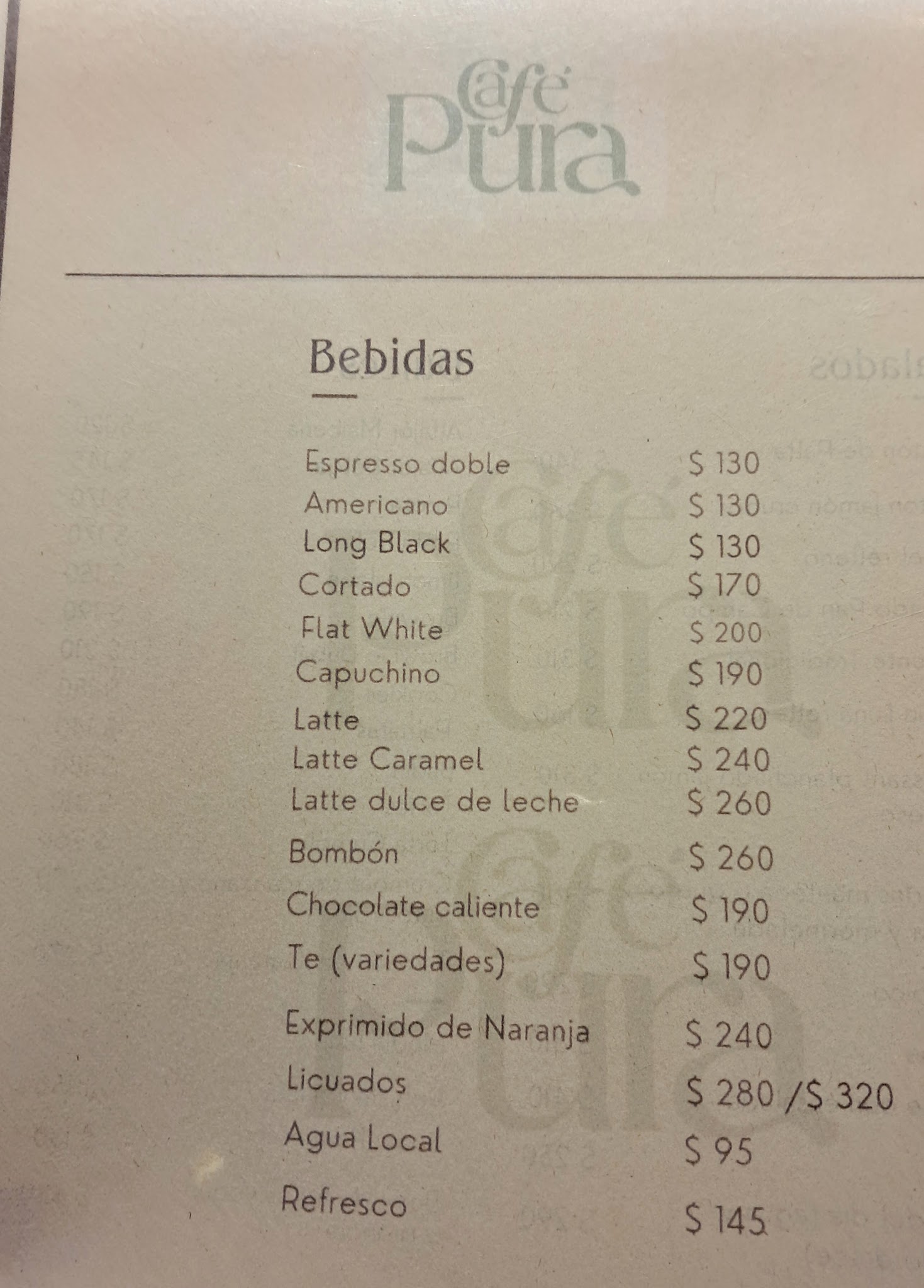 Carta de Café Pura, foto de julio de 2026