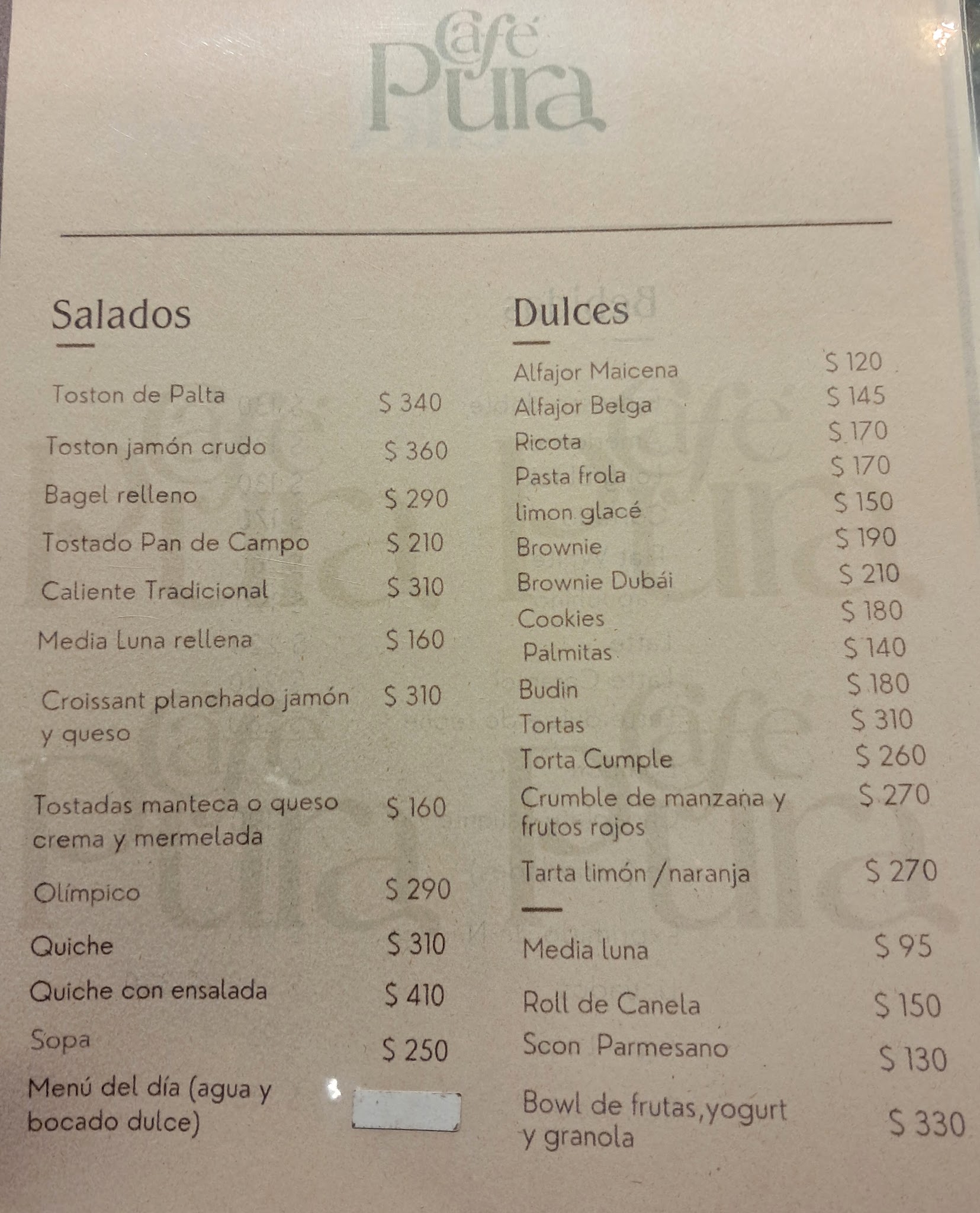 Carta de Café Pura, foto de julio de 2026