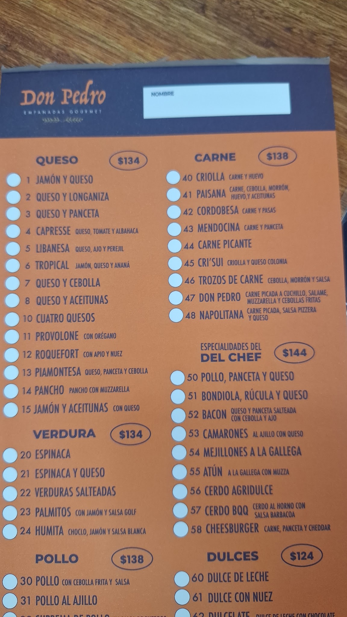 Carta de Empanadas Don Pedro · Minas, foto de agosto de 2026