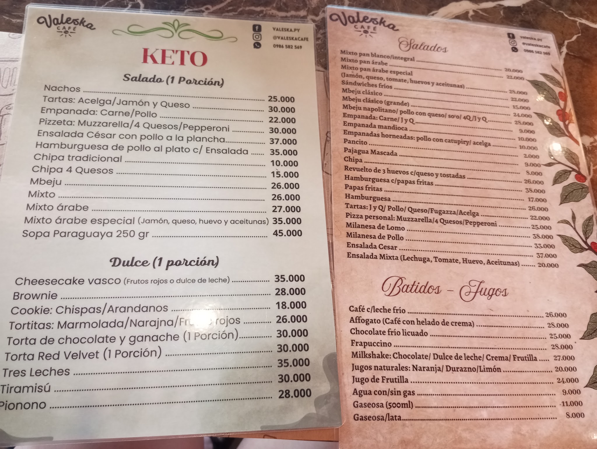 Carta de Valeska Cafe, foto de julio de 2026