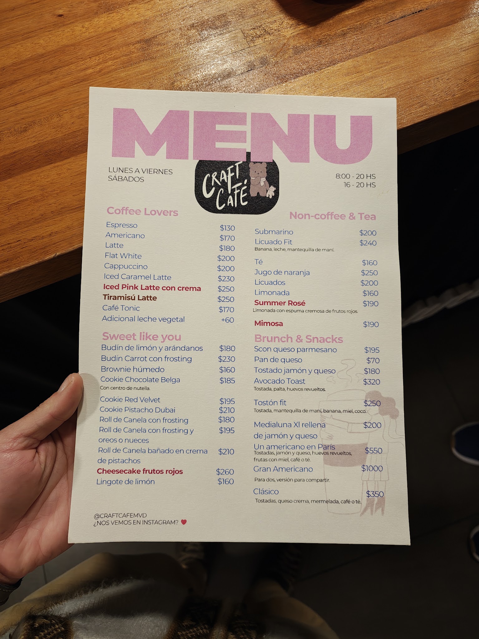 Carta de Craft Cafe, foto de junio de 2026