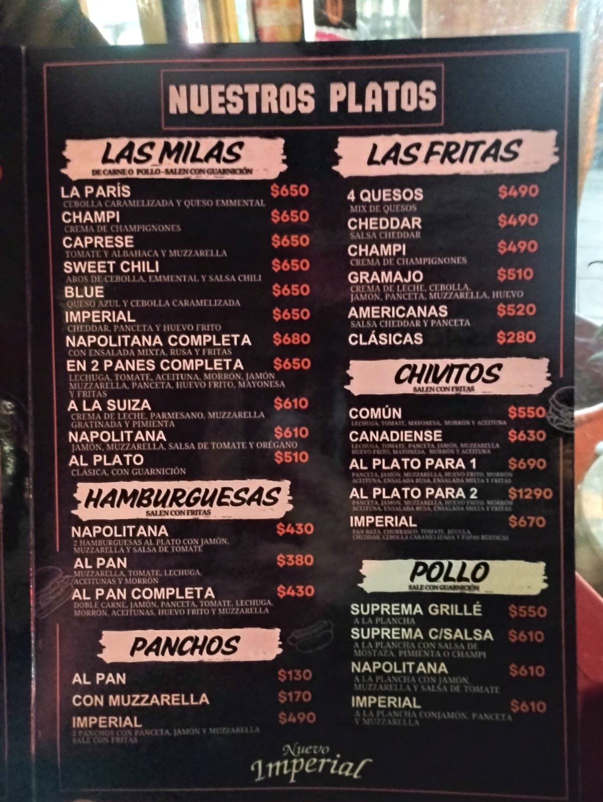 Carta de Bar Nuevo Imperial, foto de abril de 2026